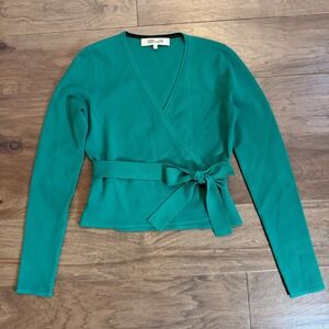 Diane Von Furstenberg Green Wrap Knit Sweater Long Sleeve Tie Waist Size S
